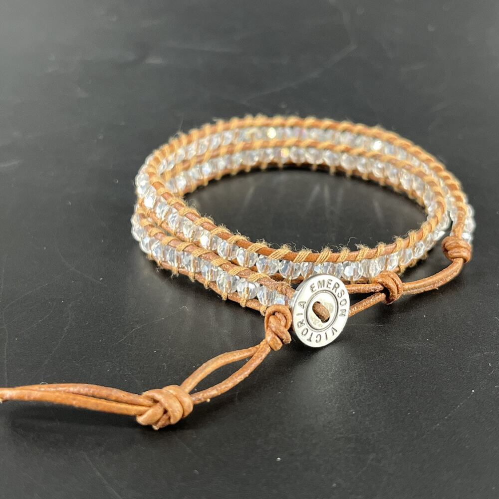 Victoria Emerson Clear Crystal Beaded Adjustable Boho Wrap Bracelet Brown/Tan